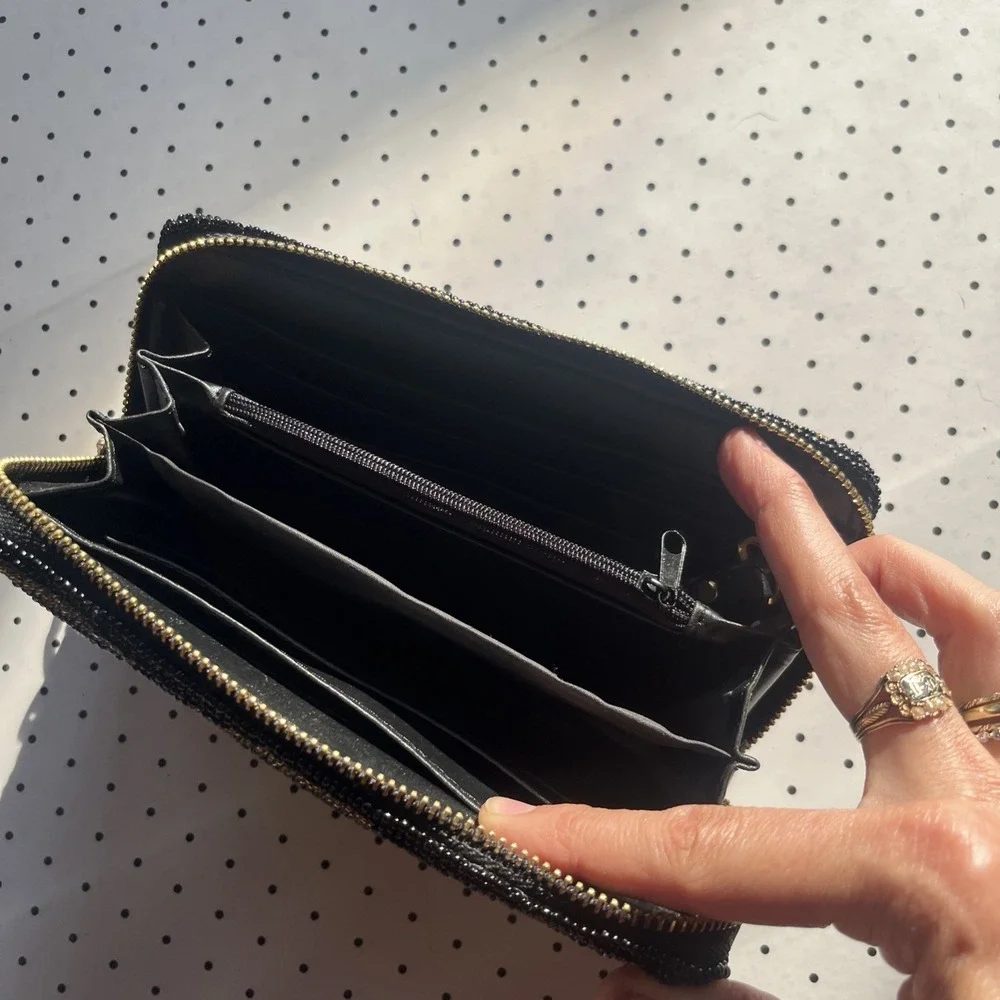 Vintage Black Beaded Evening Clutch Purse Gold Silver Geometric Art Deco Glam